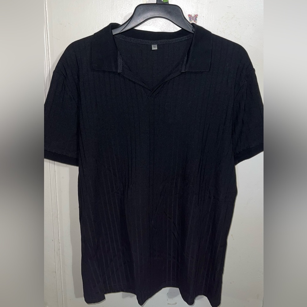 Black Ribbed Textured Short Sleeve Polo
